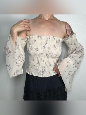 Whimsy Off Shoulder Smocked Floral Bell Sleeve crop Cottagecore Fairy size S